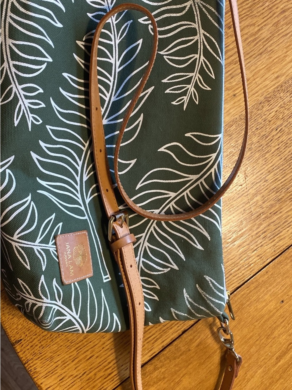 Green Leaf-Print Crossbody Bag with Tan Strap by Jana Lam
